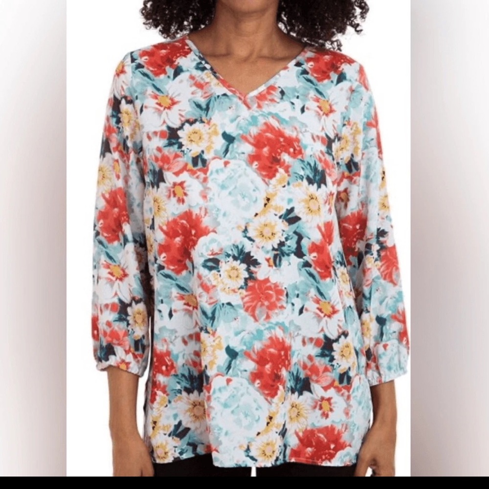 NWT Mario Serrani Floral V-Neck Balloon Sleeve‎ Blouse - White,Red, Yellow Sz XL
